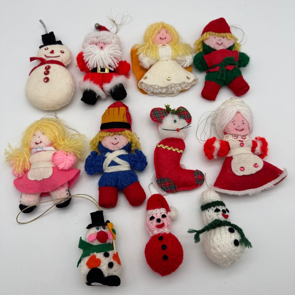 Vintage Christmas Ornaments Lot 11 Handmade Felt Yarn Santa Angel Snowman